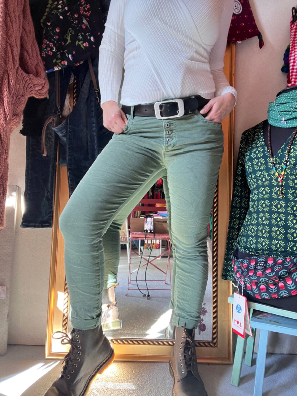 Hose Jeans Fünfknopf Olive Grün