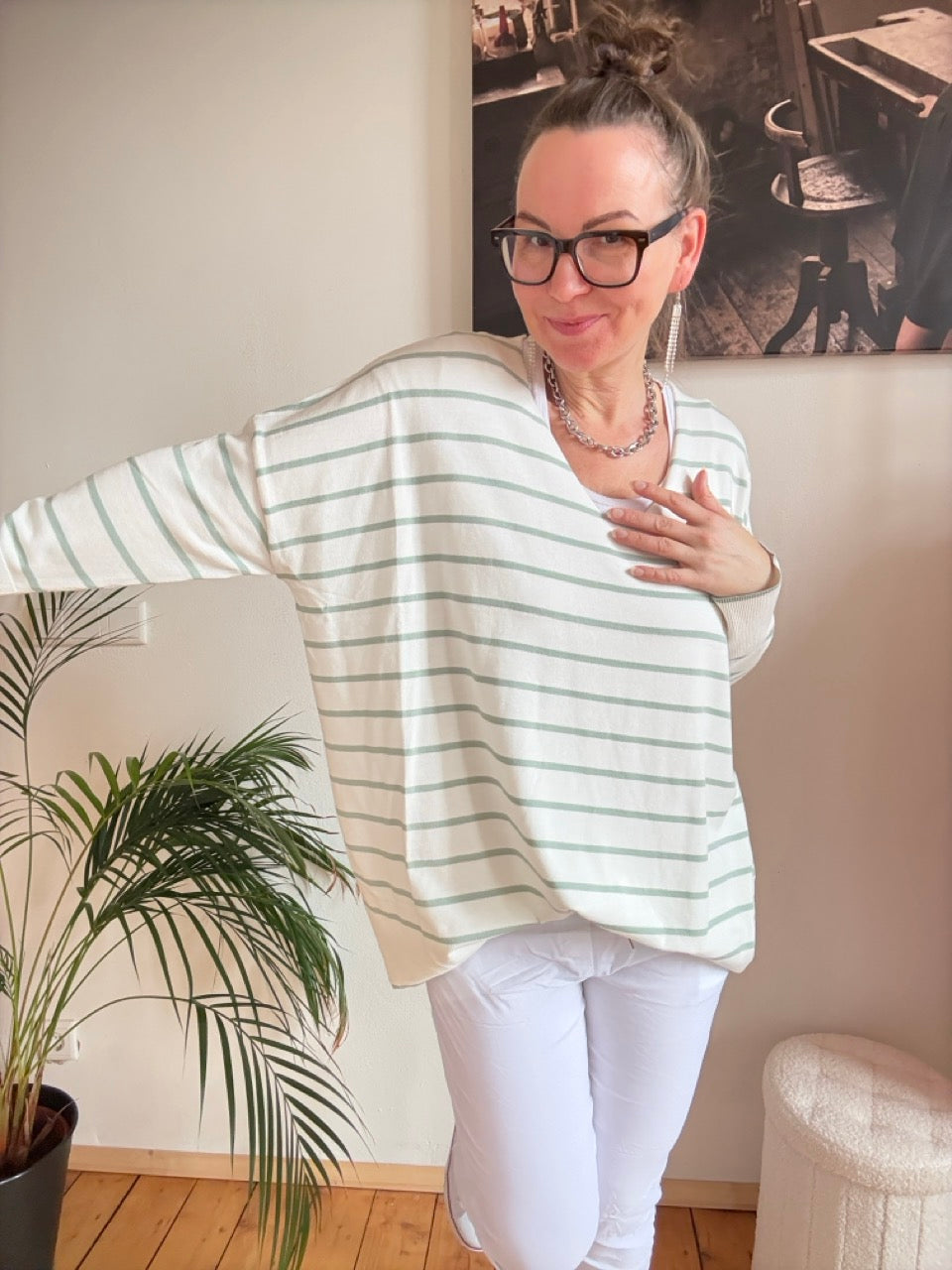 Pulli Cora Stripe Weiß Salbei