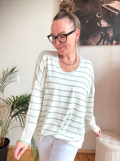 Pulli Cora Stripe Weiß Salbei