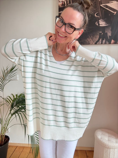 Pulli Cora Stripe Weiß Salbei