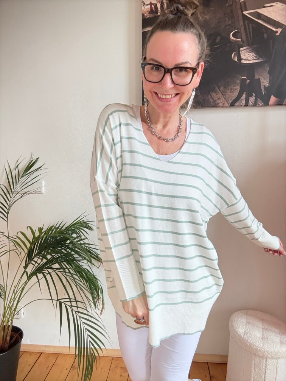 Pulli Cora Stripe Weiß Salbei