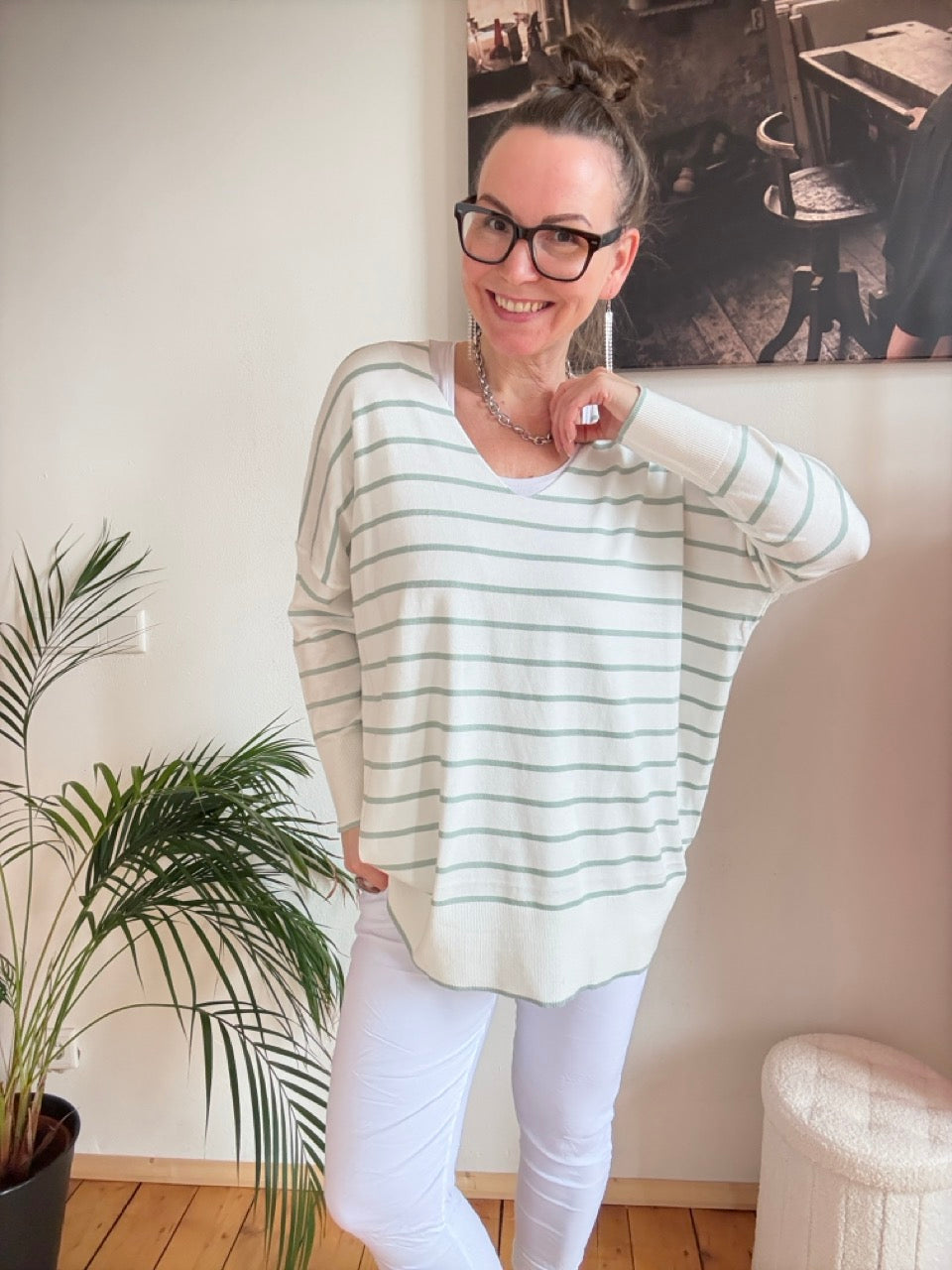 Pulli Cora Stripe Weiß Salbei