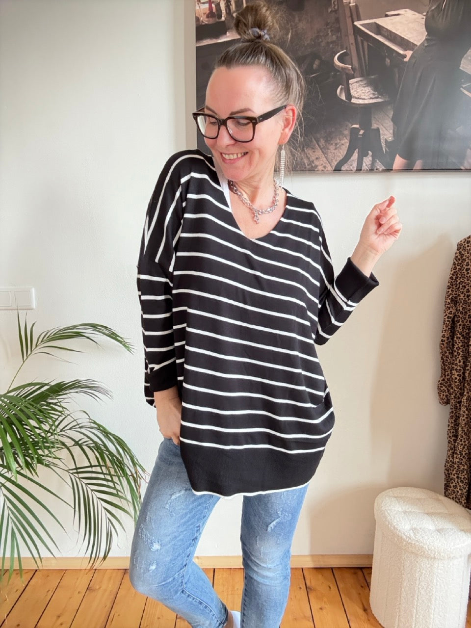 Pulli Cora Stripe Schwarz Weiß