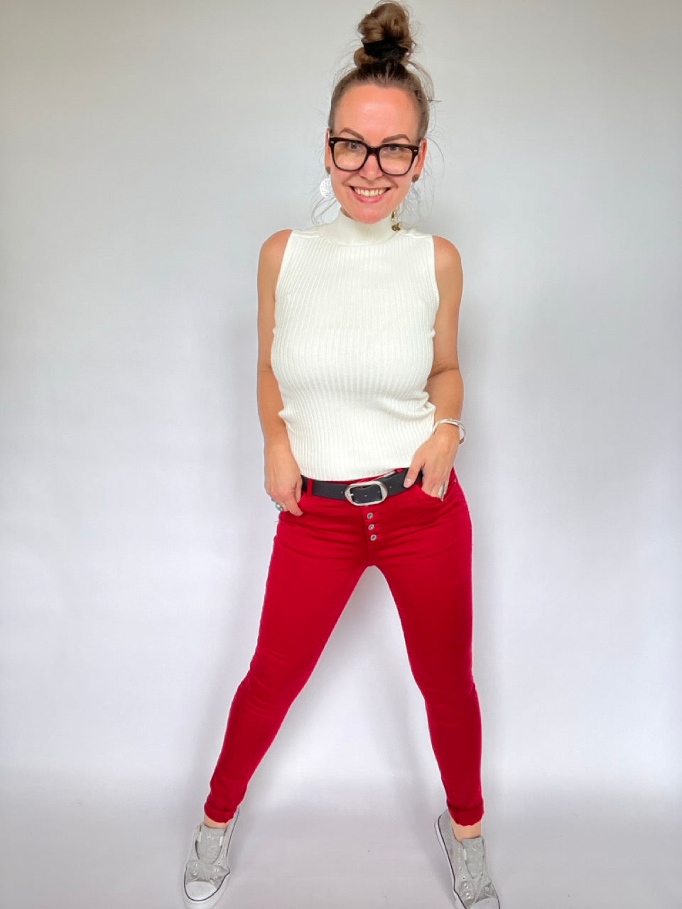 Hose Jeans Fünfknopf Rot