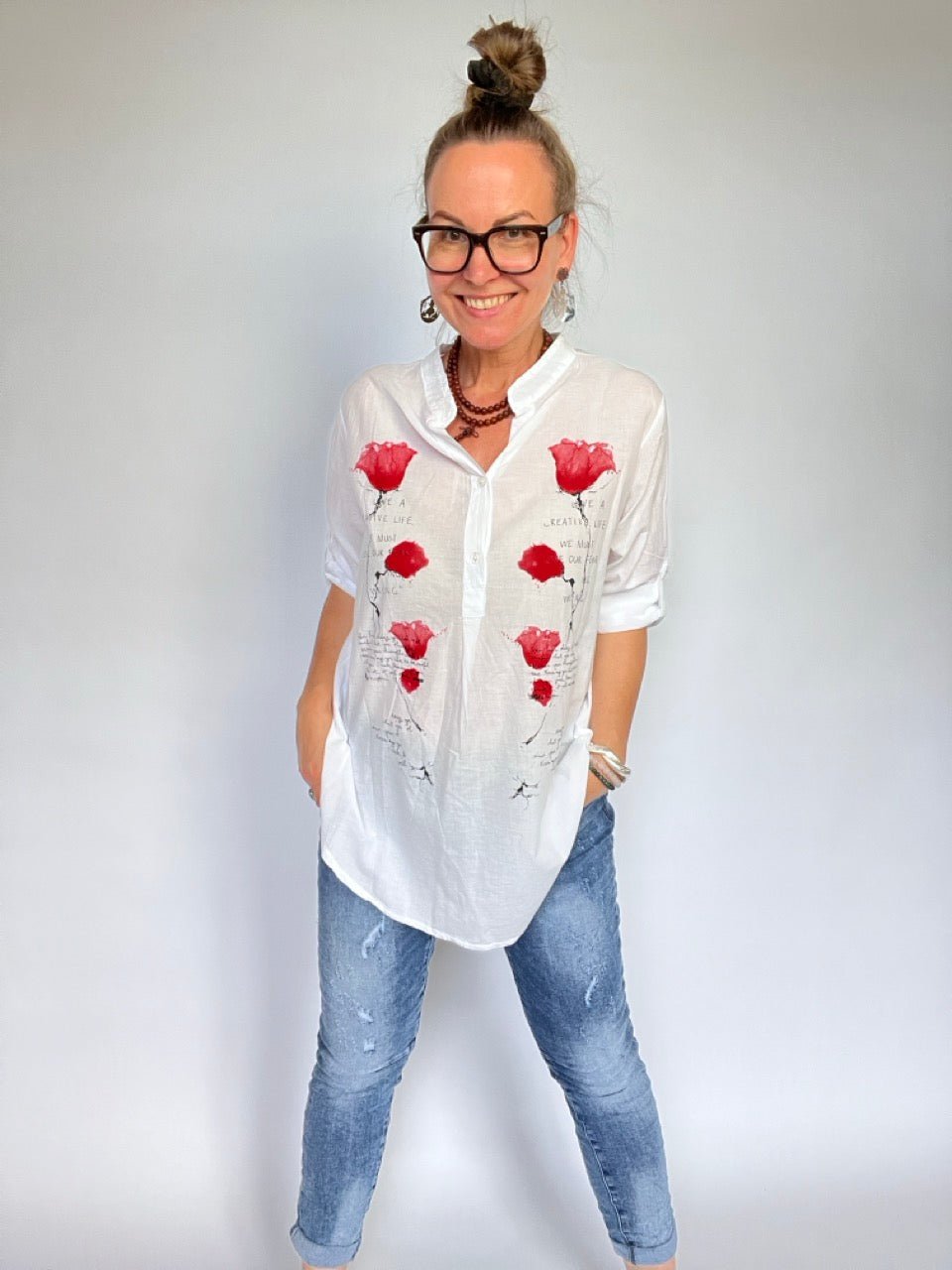 Bluse Lori Roter Mohn Weiß - FROLLEIN KÄTHE Shop