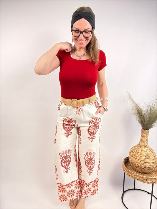 Hose Leinen Ibiza mit Gürtel in Rot - FROLLEIN KÄTHE Shop