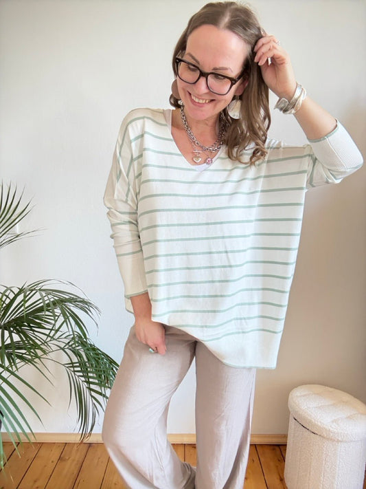 Pulli Cora Stripe Weiß Salbei - FROLLEIN KÄTHE Shop