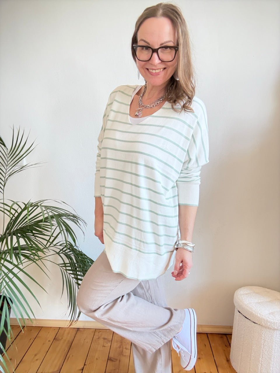 Pulli Cora Stripe Weiß Salbei - FROLLEIN KÄTHE Shop