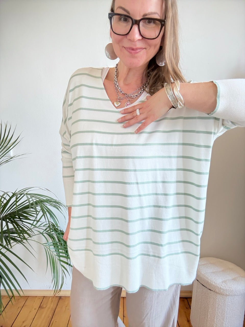 Pulli Cora Stripe Weiß Salbei - FROLLEIN KÄTHE Shop