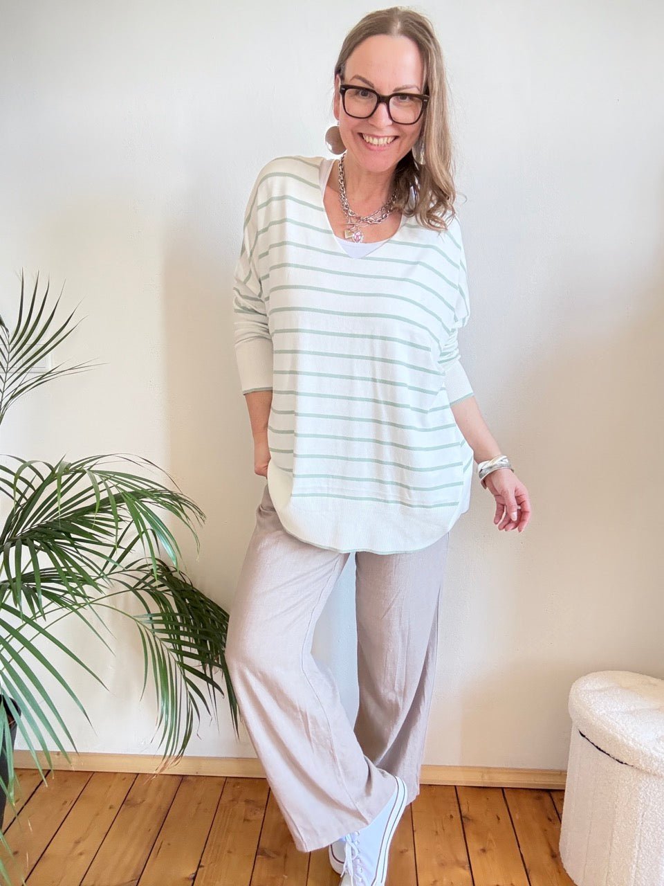 Pulli Cora Stripe Weiß Salbei - FROLLEIN KÄTHE Shop
