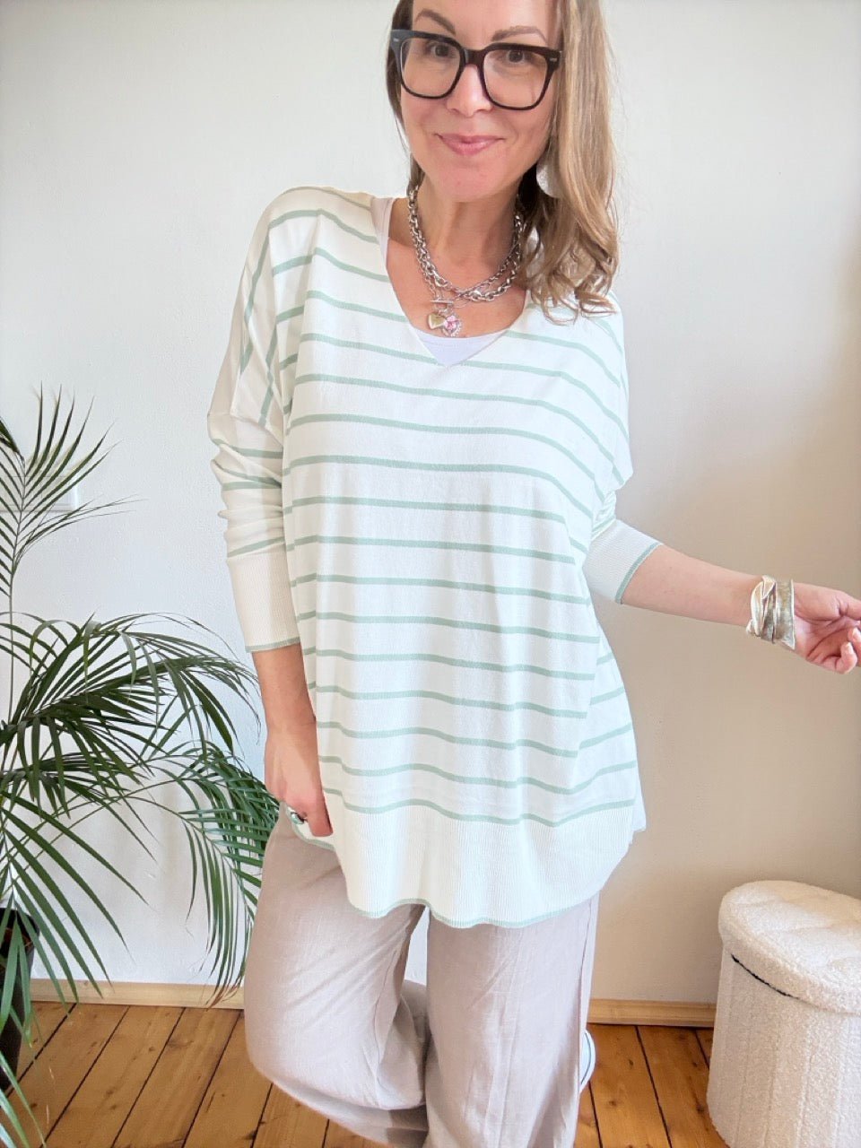 Pulli Cora Stripe Weiß Salbei - FROLLEIN KÄTHE Shop