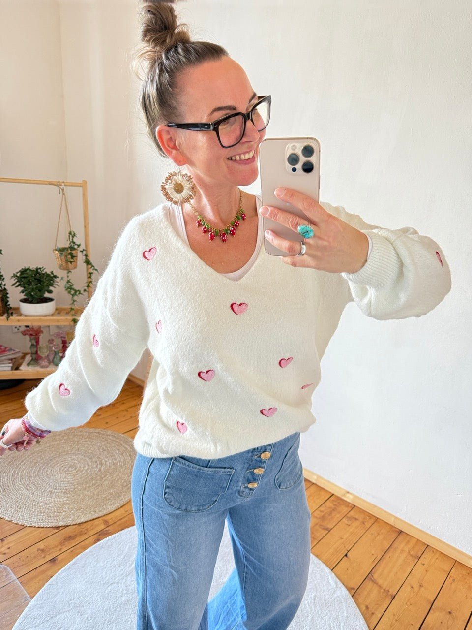 Pulli Geschickt gestickt Herzenssache Weiß - FROLLEIN KÄTHE Shop