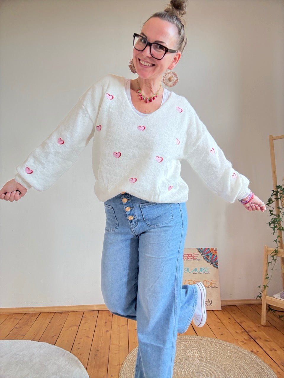 Pulli Geschickt gestickt Herzenssache Weiß - FROLLEIN KÄTHE Shop