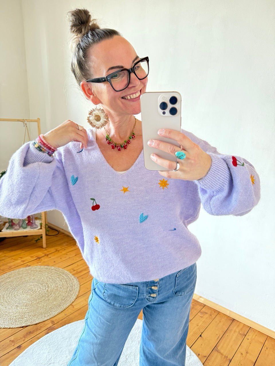 Pulli Geschickt gestickt Lavendel - FROLLEIN KÄTHE Shop