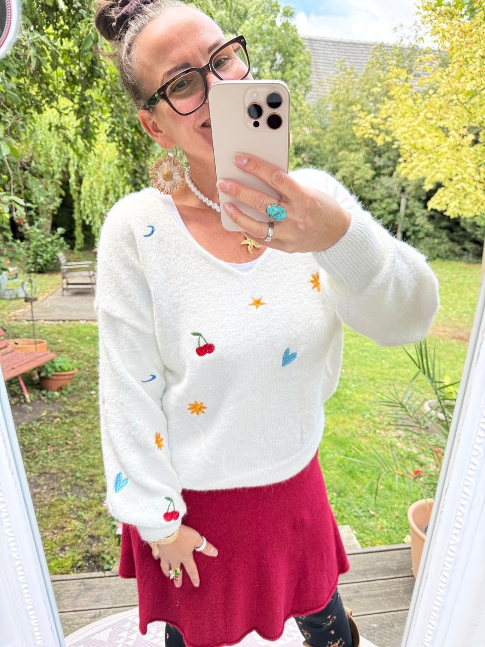 Pulli Geschickt gestickt Weiß - FROLLEIN KÄTHE Shop