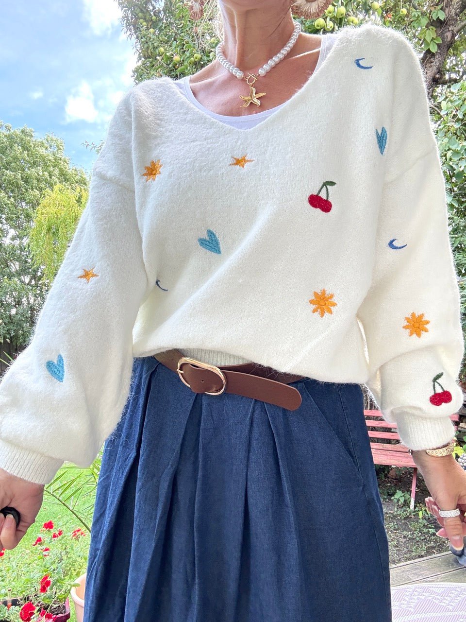 Pulli Geschickt gestickt Weiß - FROLLEIN KÄTHE Shop