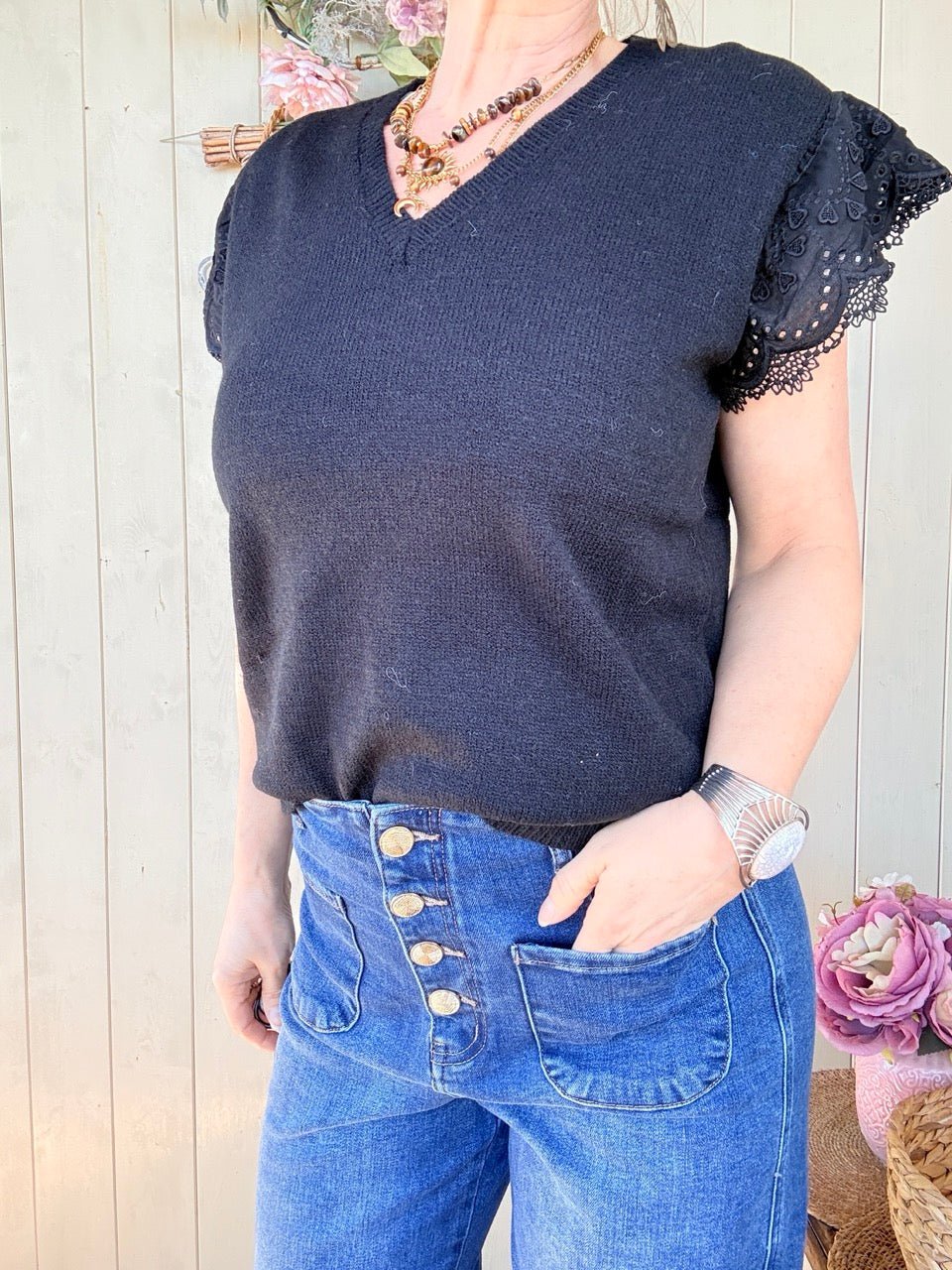 Pulli Spitzenhit Schwarz - FROLLEIN KÄTHE Shop