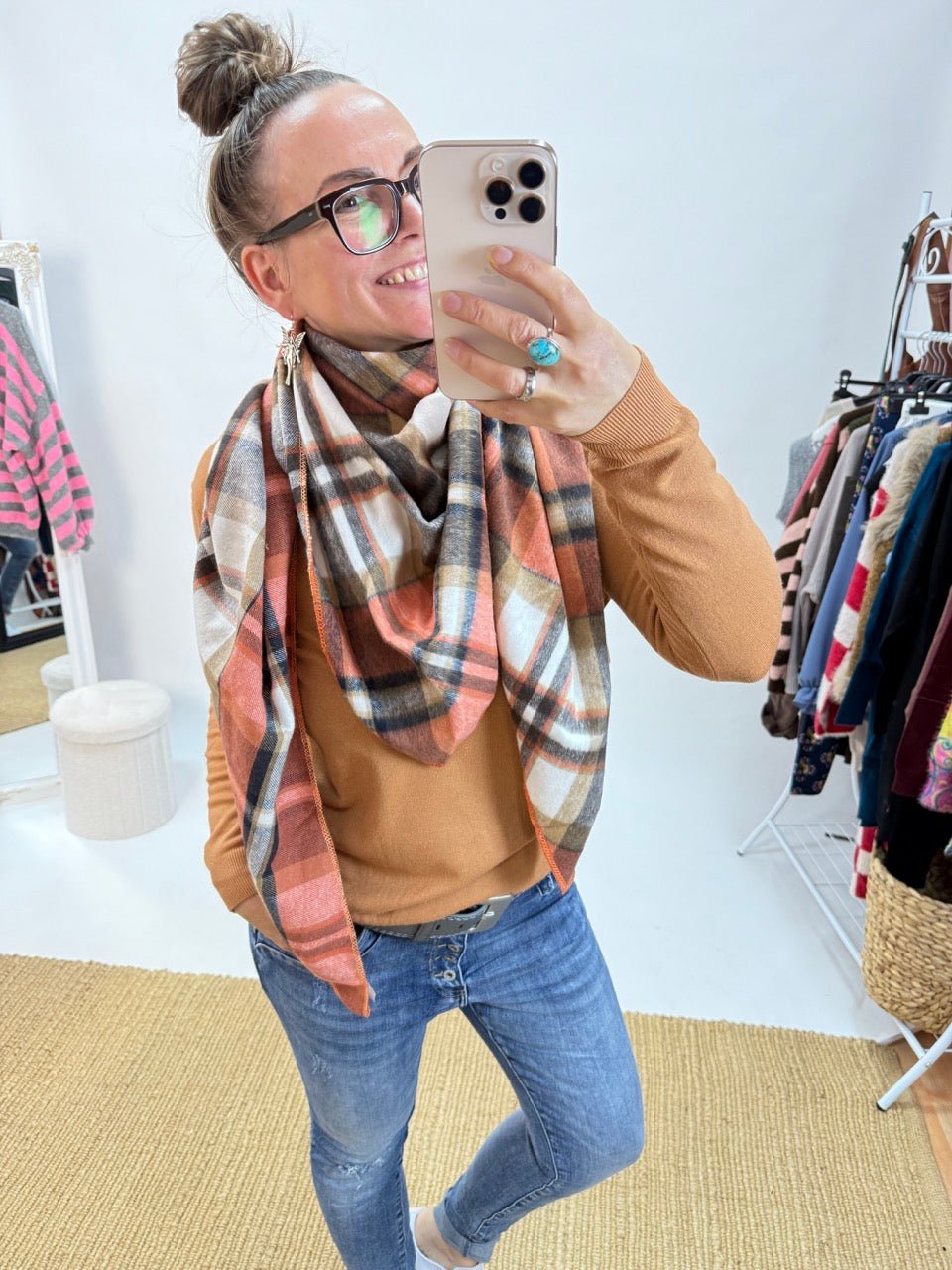 Schal Karo Karo Orange Weiß - FROLLEIN KÄTHE Shop