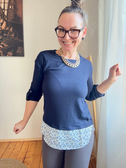 Shirt Langarm Blusenstyle Blümchen Blau - FROLLEIN KÄTHE Shop