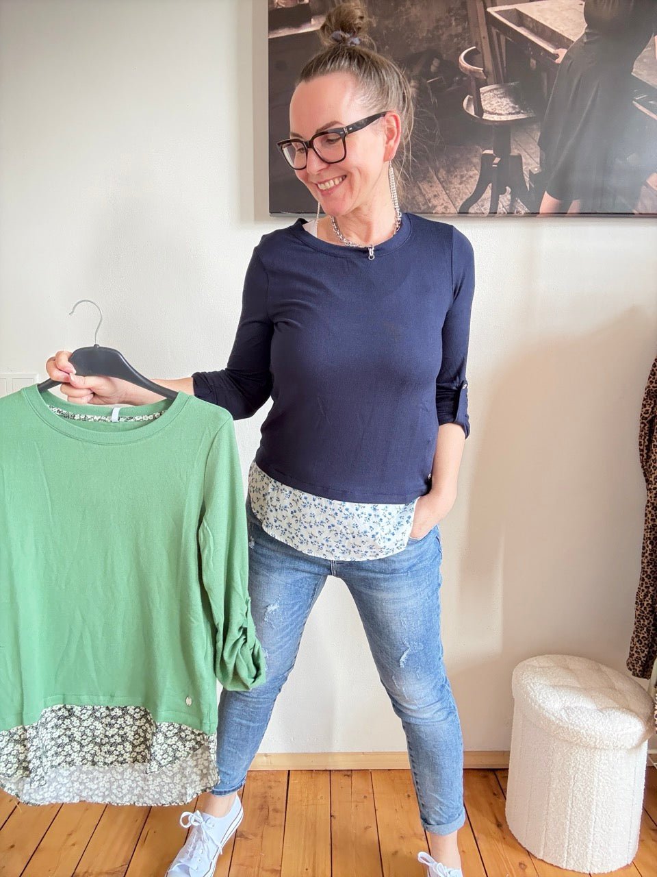 Shirt Langarm Blusenstyle Blümchen Blau - FROLLEIN KÄTHE Shop
