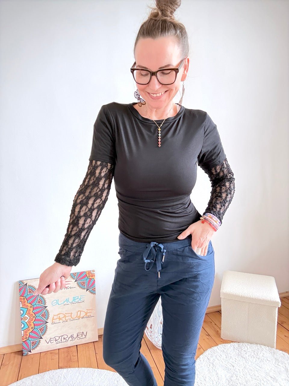 Shirt Langarm Spitzenplatz Schwarz - FROLLEIN KÄTHE Shop