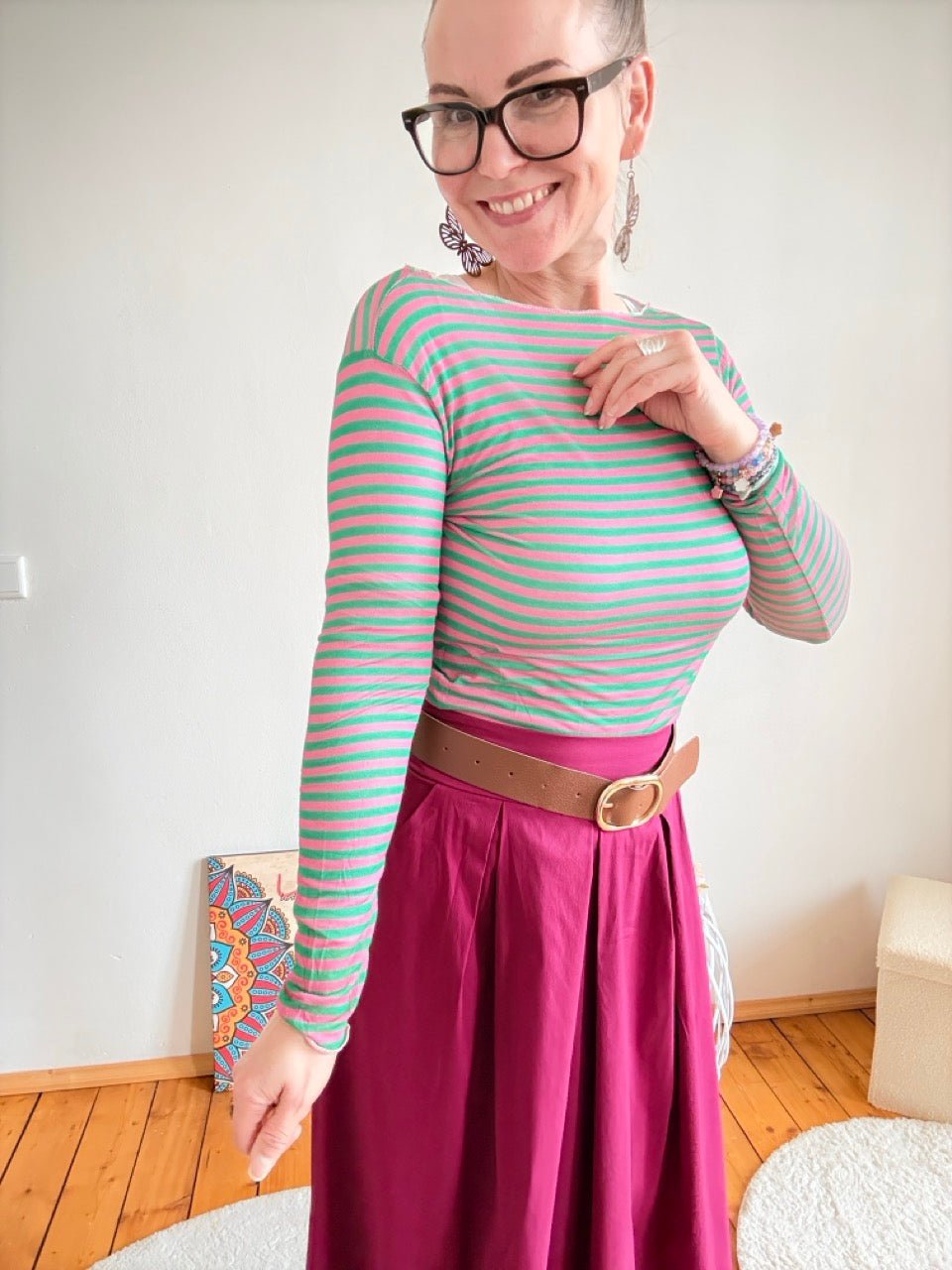 Shirt Langarm Stripe Grün Fuchsia - FROLLEIN KÄTHE Shop