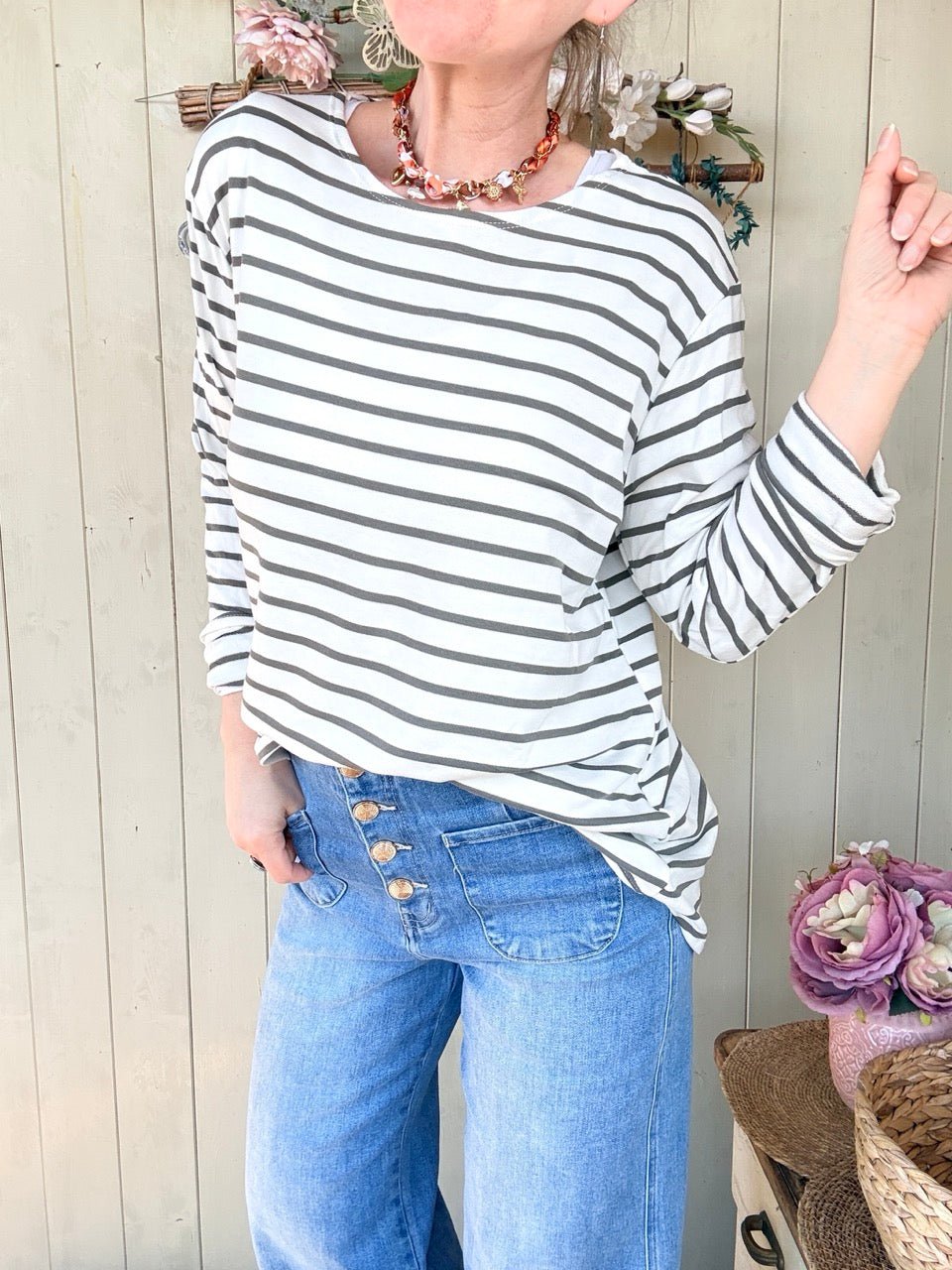 Shirt Langarm Stripe Weiß / Olive - FROLLEIN KÄTHE Shop