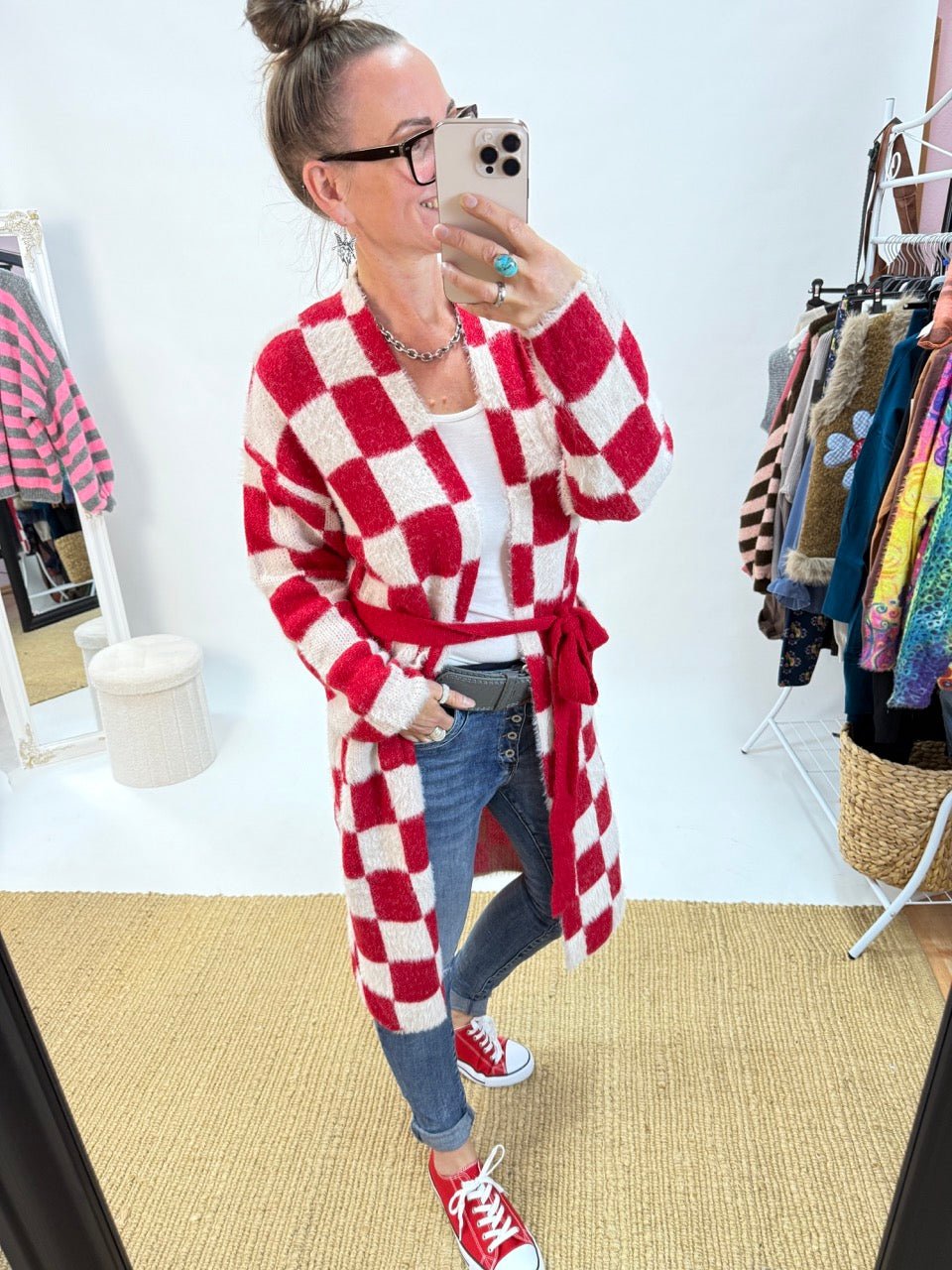 Strickjacke Nie wieder kleinkariert / Rot Weiß - FROLLEIN KÄTHE Shop