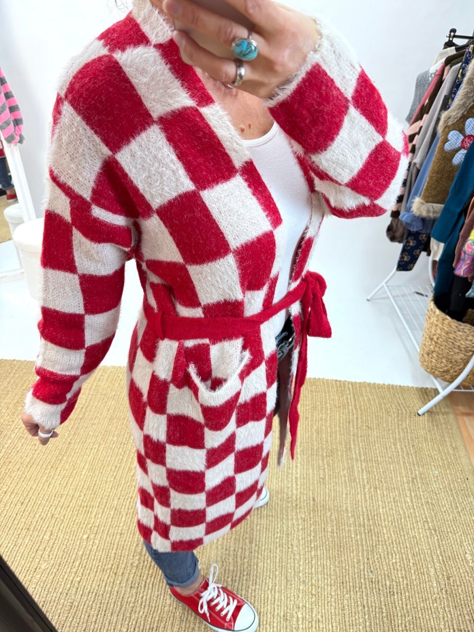 Strickjacke Nie wieder kleinkariert / Rot Weiß - FROLLEIN KÄTHE Shop